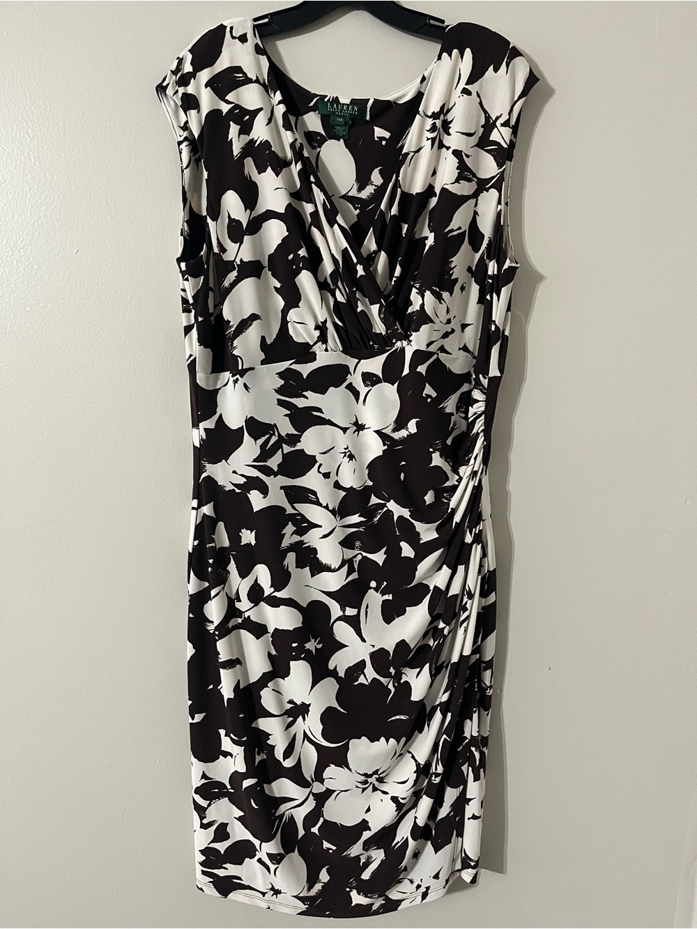 LRL Ralph Lauren Brown Cream Floral Stretch Jersey Ruched Social Dress Sz 14W
